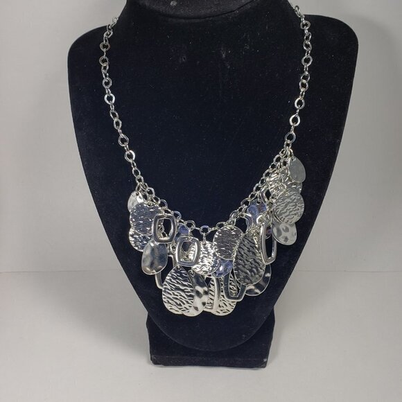 Polished  Silver tone Layered Textured, Hammered Discs Hoops Charms Necklace - Picture 5 of 10